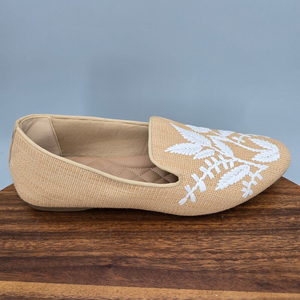 Birdies The Starling Flats Womens 10 Tan Woven Raffia Embroidered Shoes Loafers